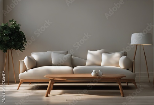 design white render interior wooden beige background sofa living 3d room bright Minimal furniture
