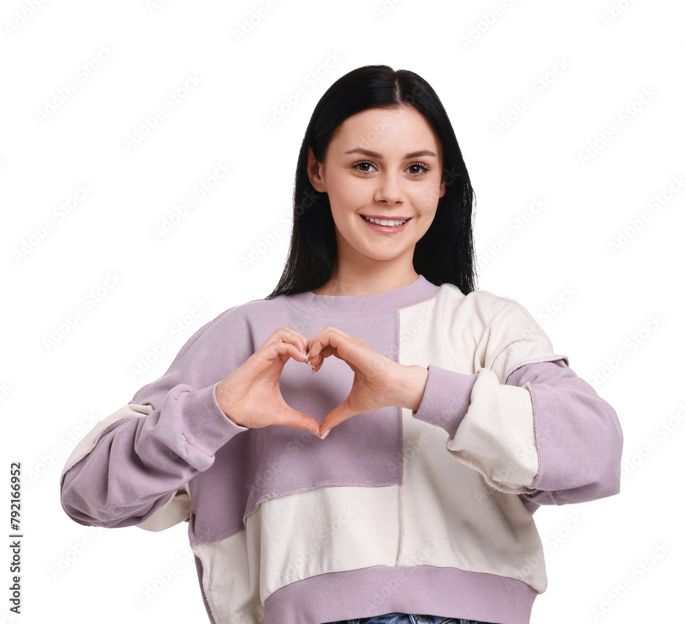 Smiling woman showing heart gesture with hands on white background Smiling woman showing heart gesture with hands on white background
