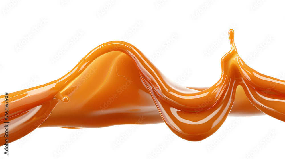 Delicious melted caramel texture. Flow, wave and drops splash caramels sauce. Sweet food isolated on white background.