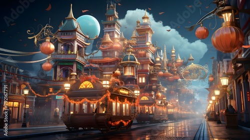 Fantasy illustration of a Chinese temple in the middle of the road photo