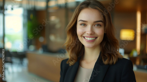 Confident Young Businesswoman Smiling at Modern Office