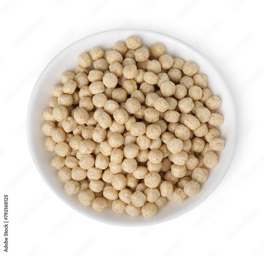 Tasty cereal balls in bowl isolated on white, top view Tasty cereal balls in bowl isolated on white, top view