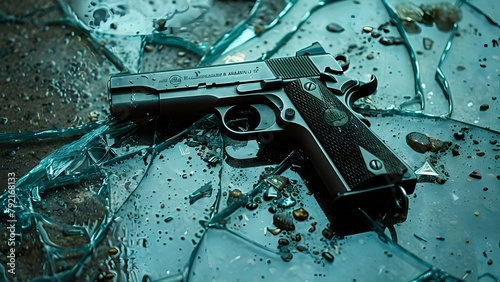 Symbolic Image of Crime and Danger: Gun on Broken Glass Window. Concept Crime Scene, Danger Signs, Broken Glass, Gun Violence, Symbolic Imagery