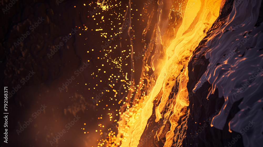 A Close-Up of Molten Lava Flow and Fiery Sparks at Night A Close-Up of Molten Lava Flow and Fiery Sparks at Night