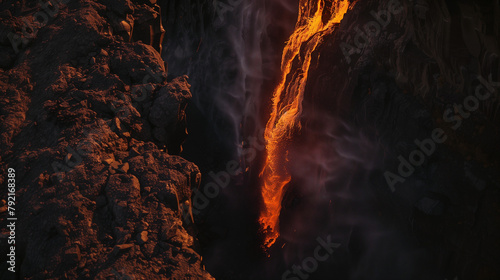 Molten Lava Stream Flowing Through Rugged Terrain at Dusk