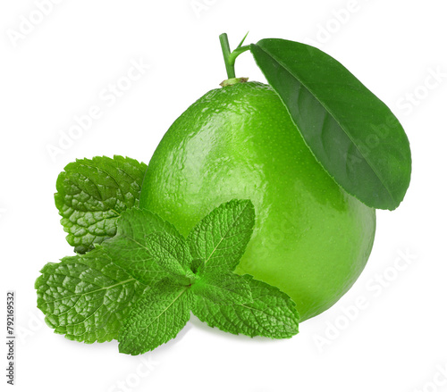 Fresh ripe lime and green mint leaves isolated on white