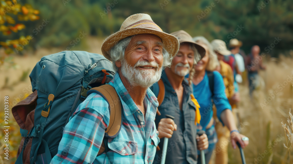 Group of old age happy people travel with backpacks hiking in green nature and tourism concept looking at camera.