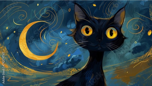 surrealism of a black cat with large, striking yellow eyes © CNISAK