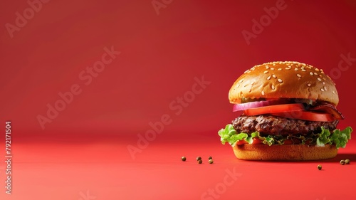 Juicy hamburger with toppings on red background © Татьяна Макарова