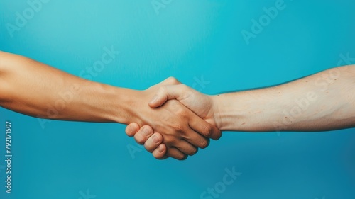 Two people shaking hands against blue background