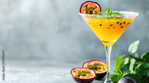 Refreshing cocktail with passion fruit served in stemmed glass, garnished half-cut and mint photo