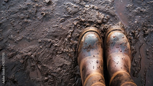 Pair of boots covered in raindrops on muddy surface