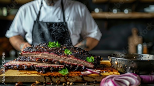 Chef presenting platter of smoked barbecue ribs with garnish in rustic kitchen setting