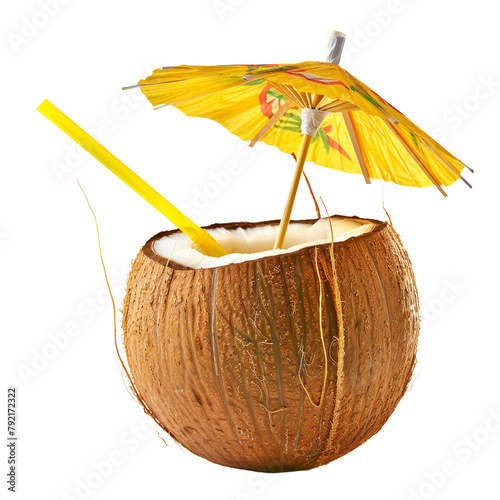 tropical coconut drink complete with a straw and decorative umbrella, isolated