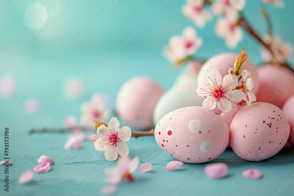 Pastel Easter eggs and cherry blossoms on turquoise background