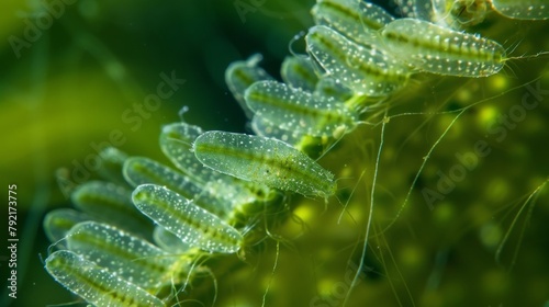 A group of rotifers attached to a patch of algae their bodies pulsating and contracting in a rhythmic pattern as they filter feed
