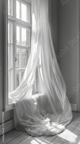 A minimal white window in a room with white curtains, vertical orientation. 