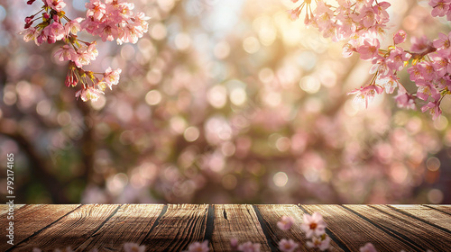 桜のフレームと木のテーブルトップの美しいイラスト photo