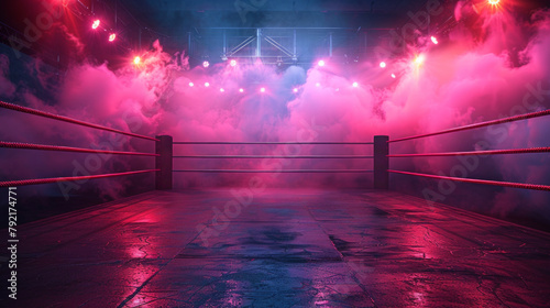 A vibrant pink boxing ring enveloped in billowing red and pink smoke, creating a striking scene of intensity and energy. photo