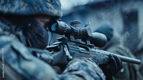 From behind the scope of their rifle a sniper documents and reports any significant developments or escalations in the riot. . photo