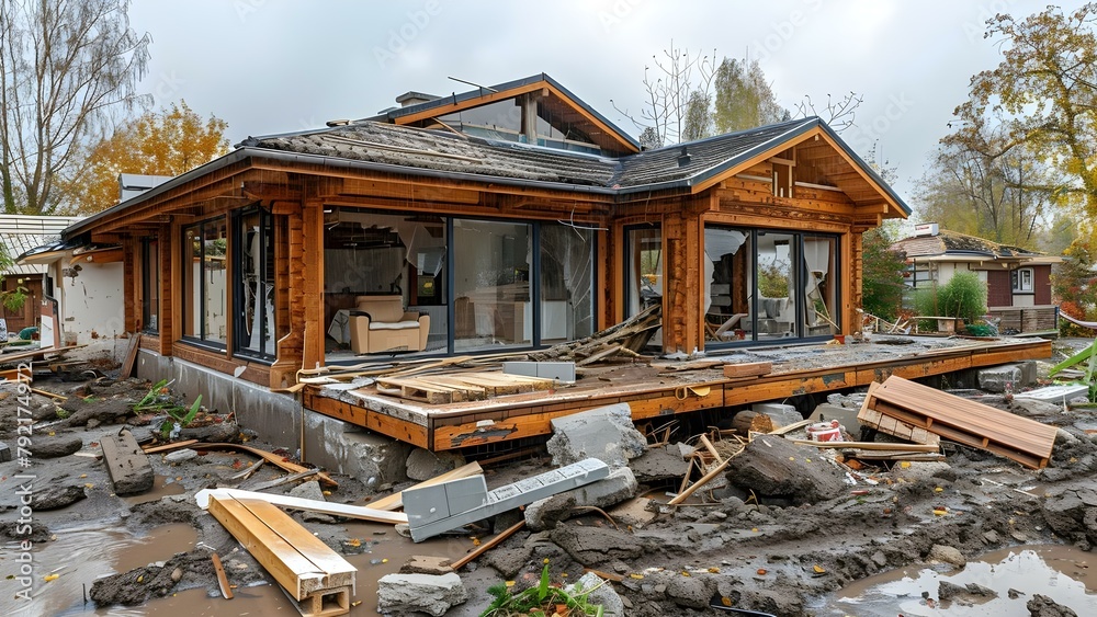 Renovating a damaged wooden house after a disaster for property insurance. Concept Renovation process, Insurance claim, Repair costs, Outdoor restoration, Sustainable materials