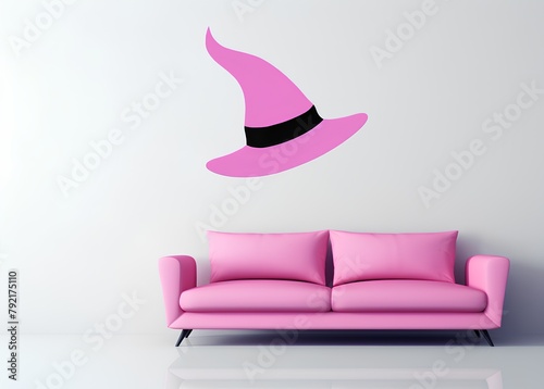 Pink sofa with hat on a white wall. 3d rendering. photo