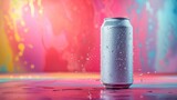A plain light aluminum metal can on a vibrant colorful background. 
