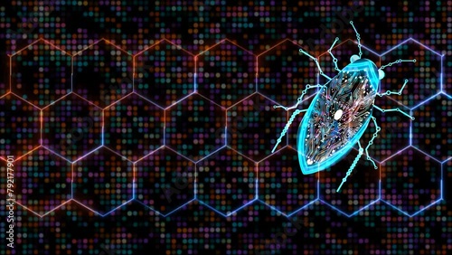 Futuristic digital Bug Hexagon saber and animation abstract red orange yellow violet aqua blue spot light particles pattern waveform. concept bug hack security information photo