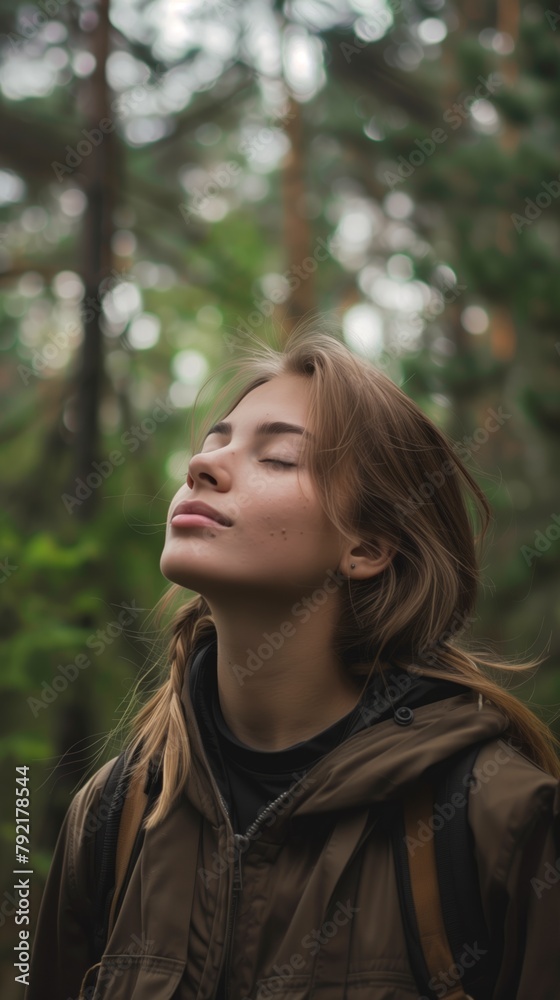 A young woman standing in a wooded area with her eyes closed, taking a deep breath of fresh air.
