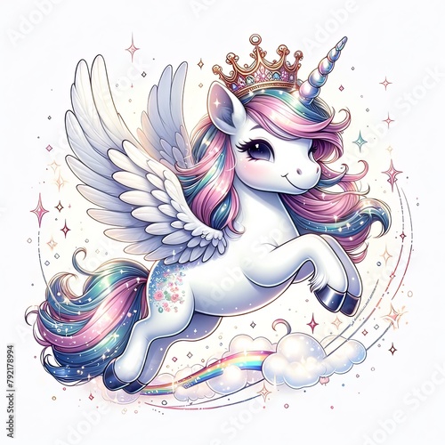 This magical illustration features a graceful winged unicorn with a shimmering horn and crown, soaring amidst twinkling stars and a rainbow. photo