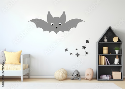 3D Illustration of a child's bedroom interior with a bat. photo