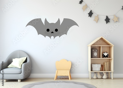 Child's room with a chair, bookshelf, bookcase and a bat photo