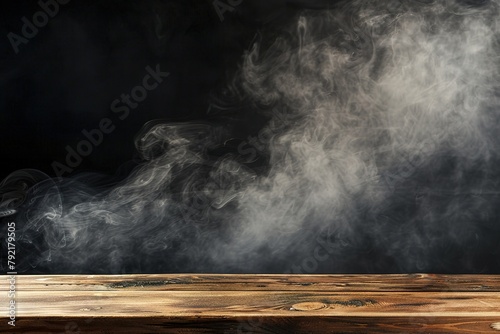  empty wooden table with smoke floats up