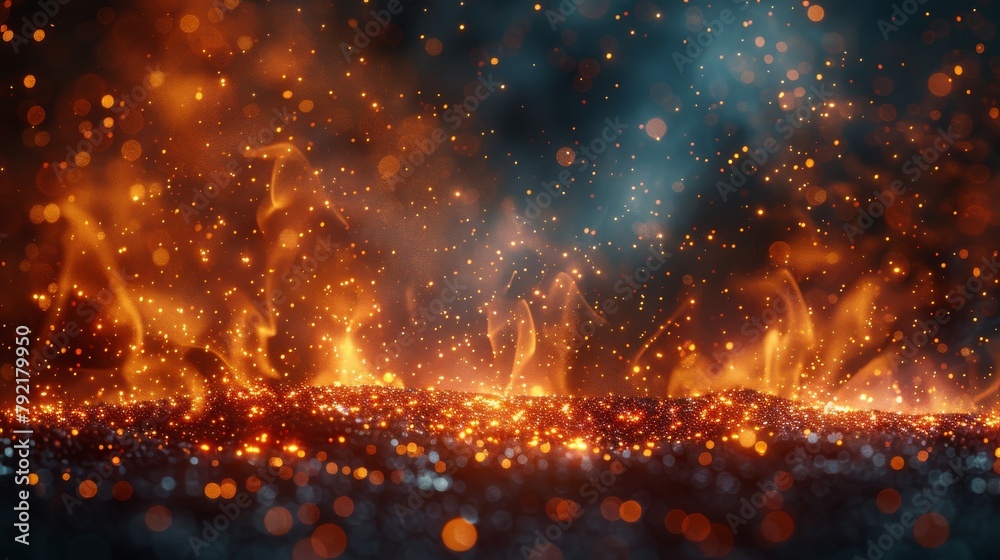 A background of sparks from a fire or fireworks in a dark night setting.  - obrazy, fototapety, plakaty 