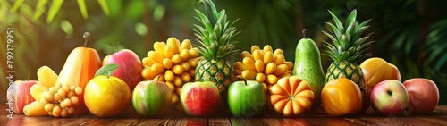 Exotic fruit assortment in natural light. Vibrant array of fresh, displayed outdoors