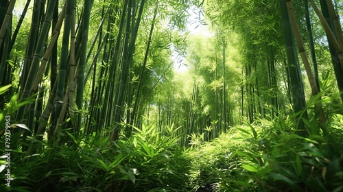 Lush and green bamboo forest for nature concept background.