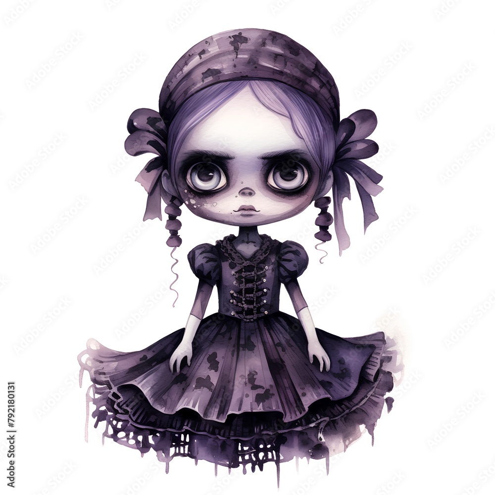 Watercolor illustration of a girl with a skull in a dress. Watercolor illustration of a girl with a skull in a dress.