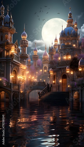 Fantasy Landscape of Magic City at night with full moon and reflection