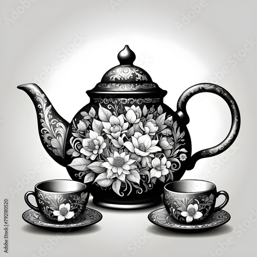 Illustration of black floral teapot with cups gray background