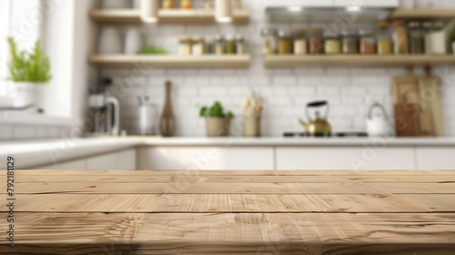 Modern Blurry Kitchen Background with Wooden Countertop
