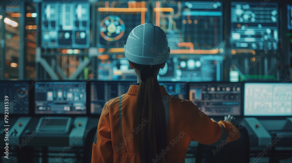 Female Technician Operating High-Tech Industrial Machinery