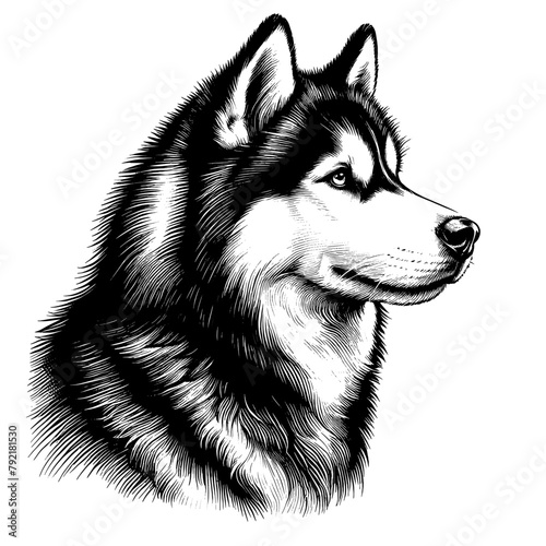 Siberian Husky portrait. Hand Drawn Pen and Ink. Vector Isolated in White. Engraving vintage style illustration for print, tattoo, t-shirt, sticker	