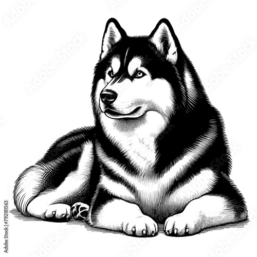 Full-length Siberian Husky laying down. Hand Drawn Pen and Ink. Vector Isolated in White. Engraving vintage style illustration for print, tattoo, t-shirt, sticker	