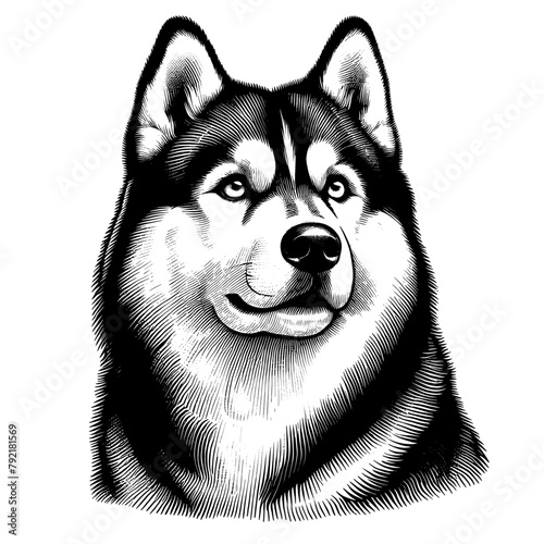 Siberian Husky portrait. Hand Drawn Pen and Ink. Vector Isolated in White. Engraving vintage style illustration for print, tattoo, t-shirt, sticker	