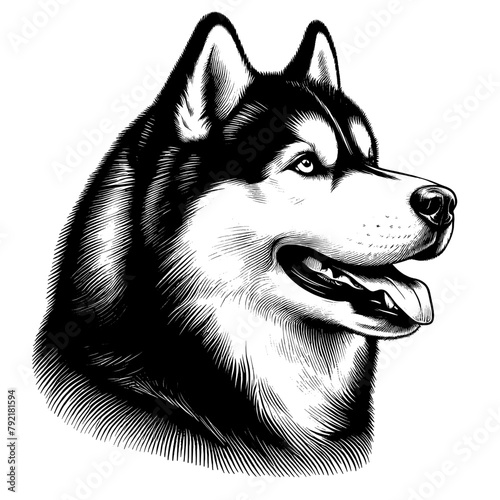 Siberian Husky portrait. Hand Drawn Pen and Ink. Vector Isolated in White. Engraving vintage style illustration for print, tattoo, t-shirt, sticker	