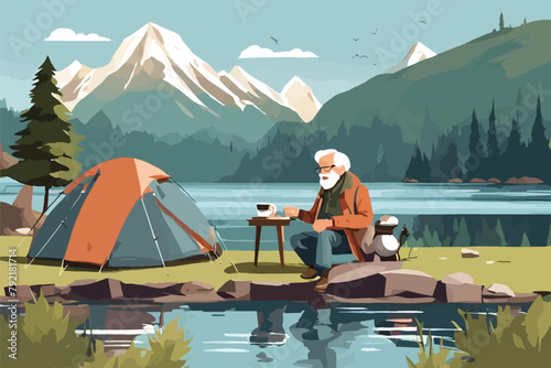 illustration of a grandfather camping while drinking coffee by the lake