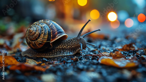 Snail crawling on the road in the autumn forest at night.