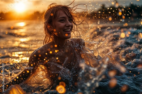 Beautiful young woman splashing water on the beach at sunset.