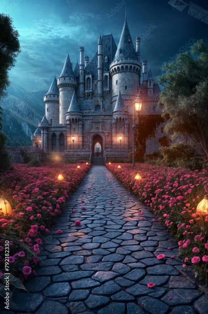Magic Fairy Tale castle in the garden at night. Fantasy landscape.