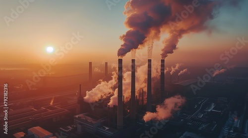 Sunset over Industrial Landscape with Smokestacks photo